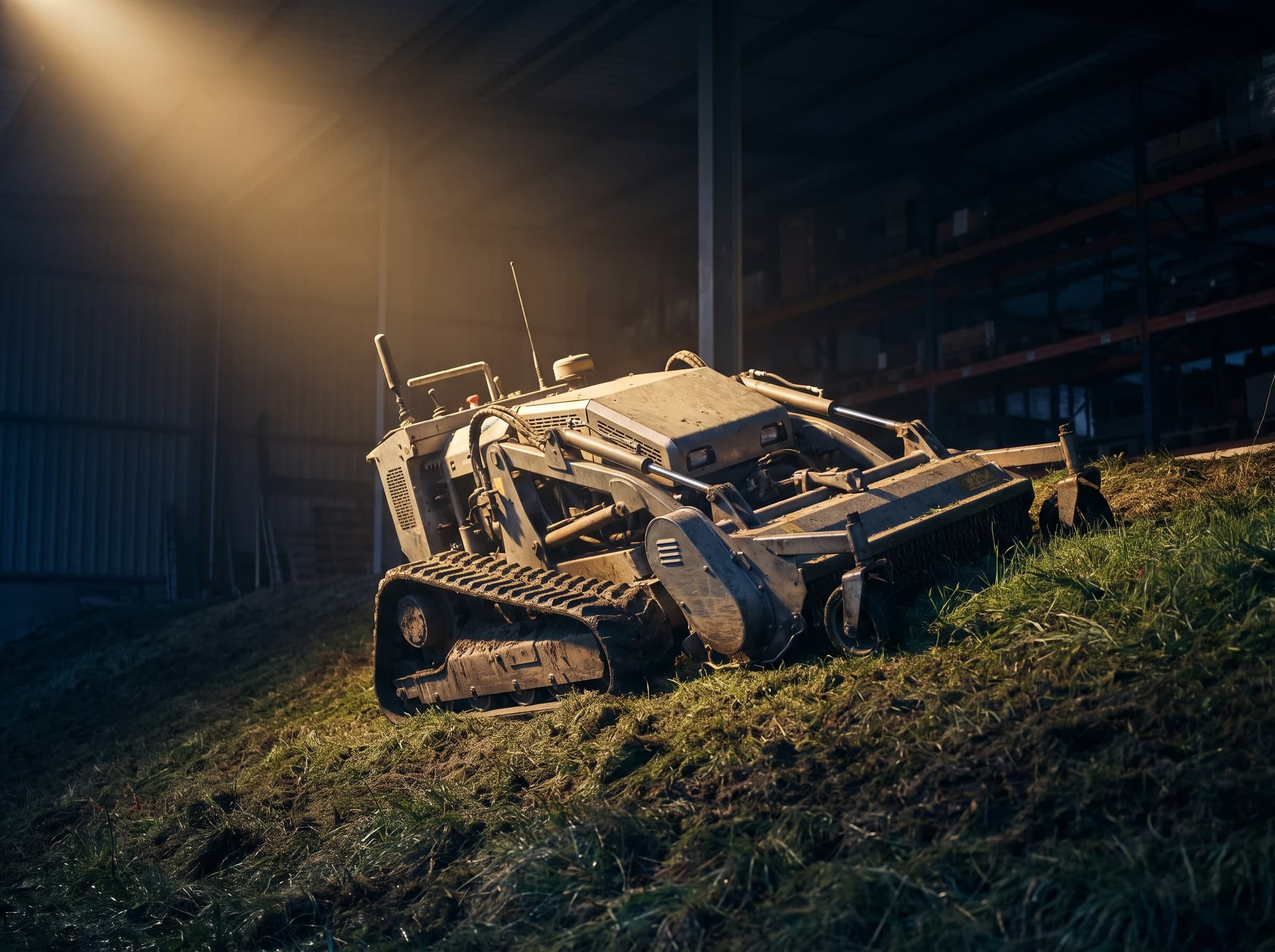 Raupenmäher auf einem Grasstreifen im Lichtkegel einer dunklen Halle