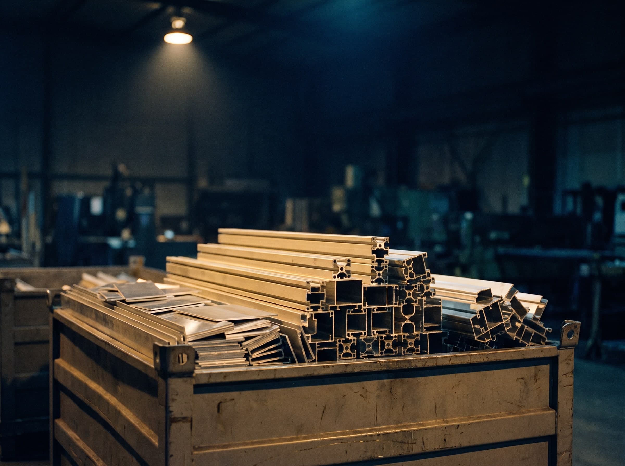 Gestapelte Aluminiumprofile und Blechzuschnitte in einer offenen Metallkiste