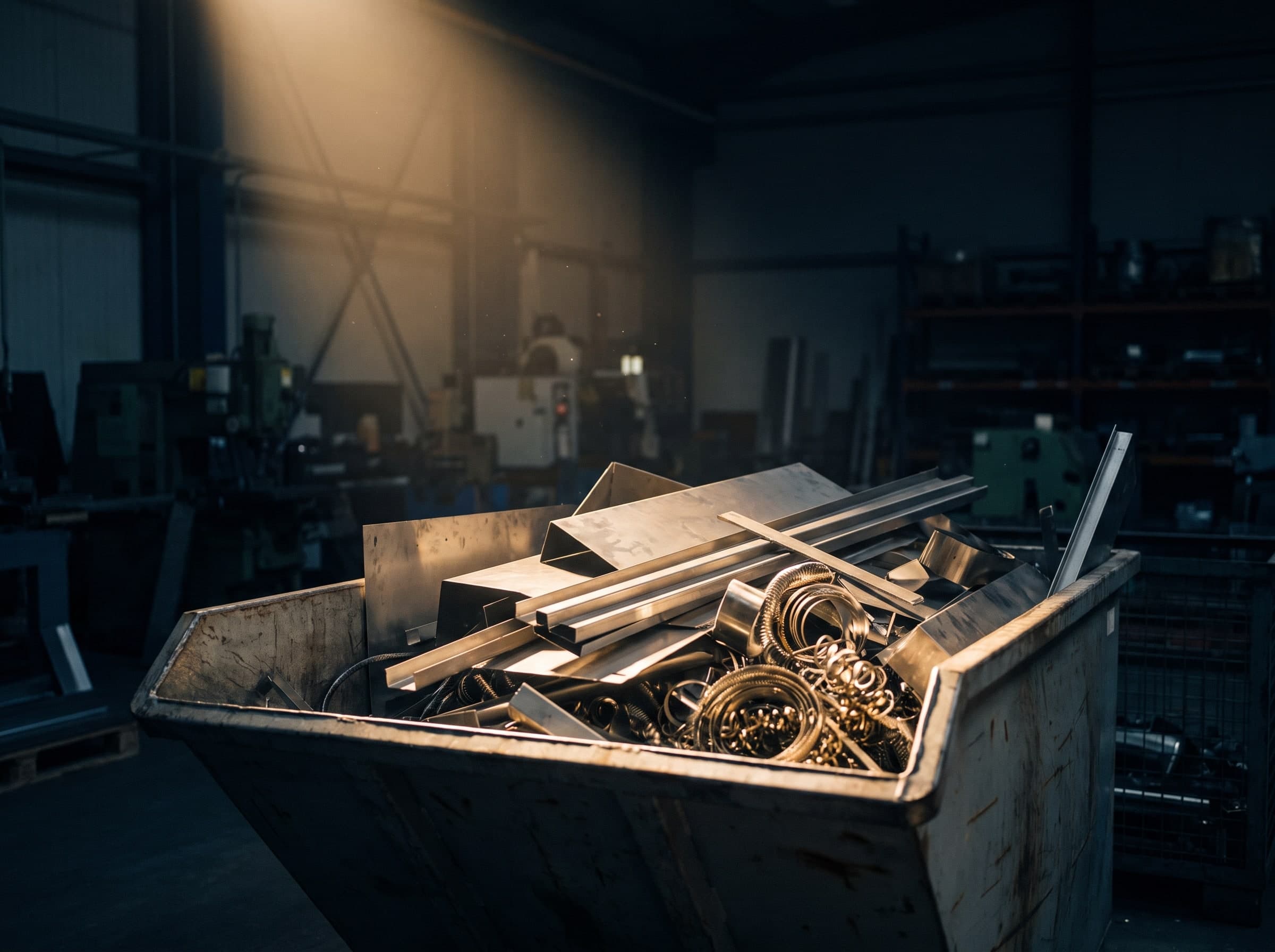 Gebürstete Edelstahlblech-Zuschnitte, Profile und gelockte Edelstahlspäne in einem Metallbehälter