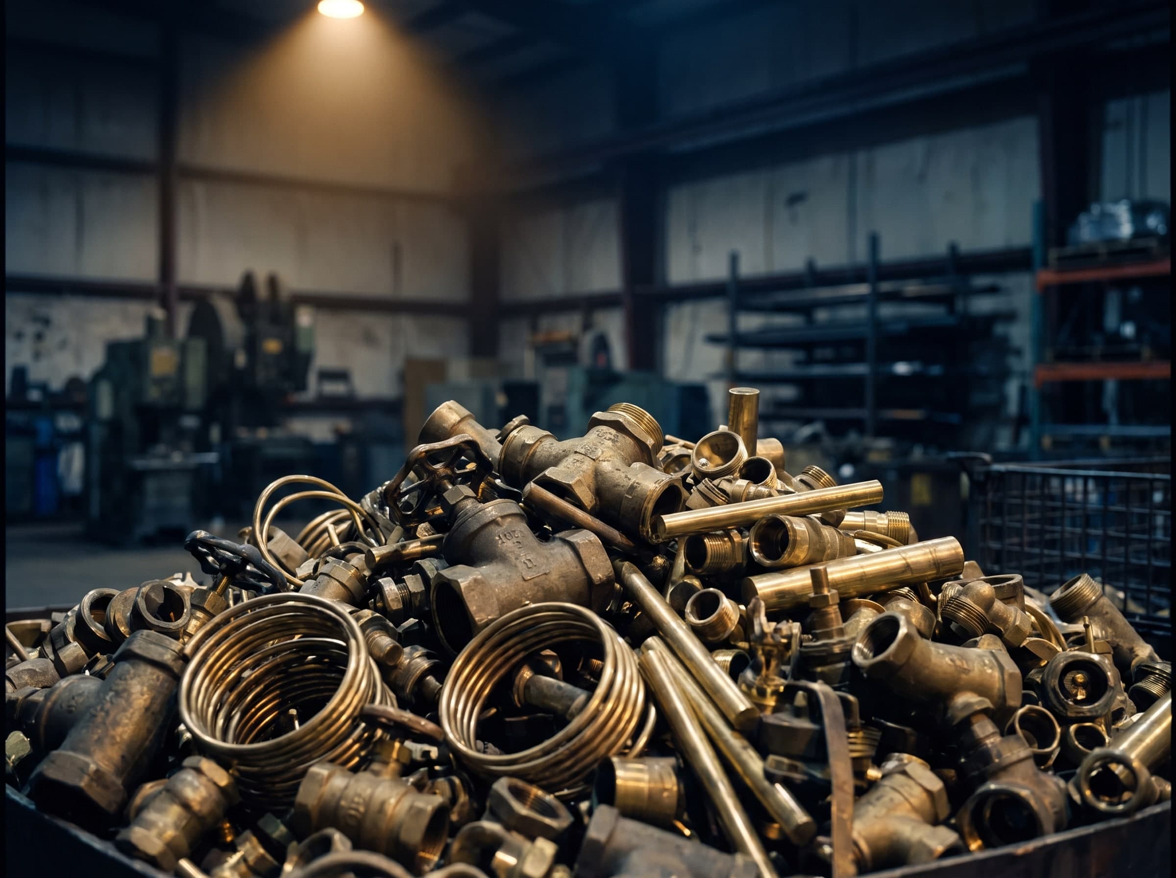 Haufen aus Messingarmaturen, Fittings, Rohrwindungen und Stangenresten