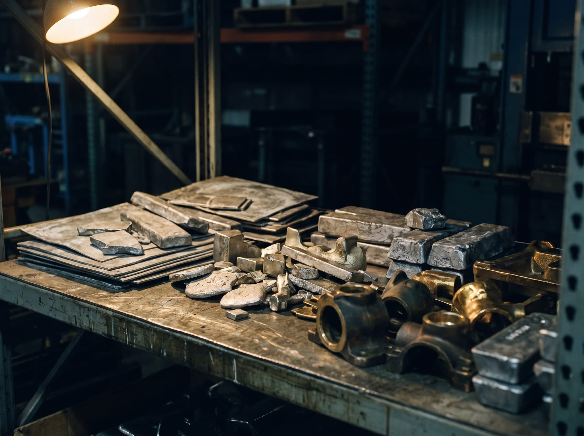 Verschiedene Metallbleche, Barren und Gussteile auf einer Stahlwerkbank
