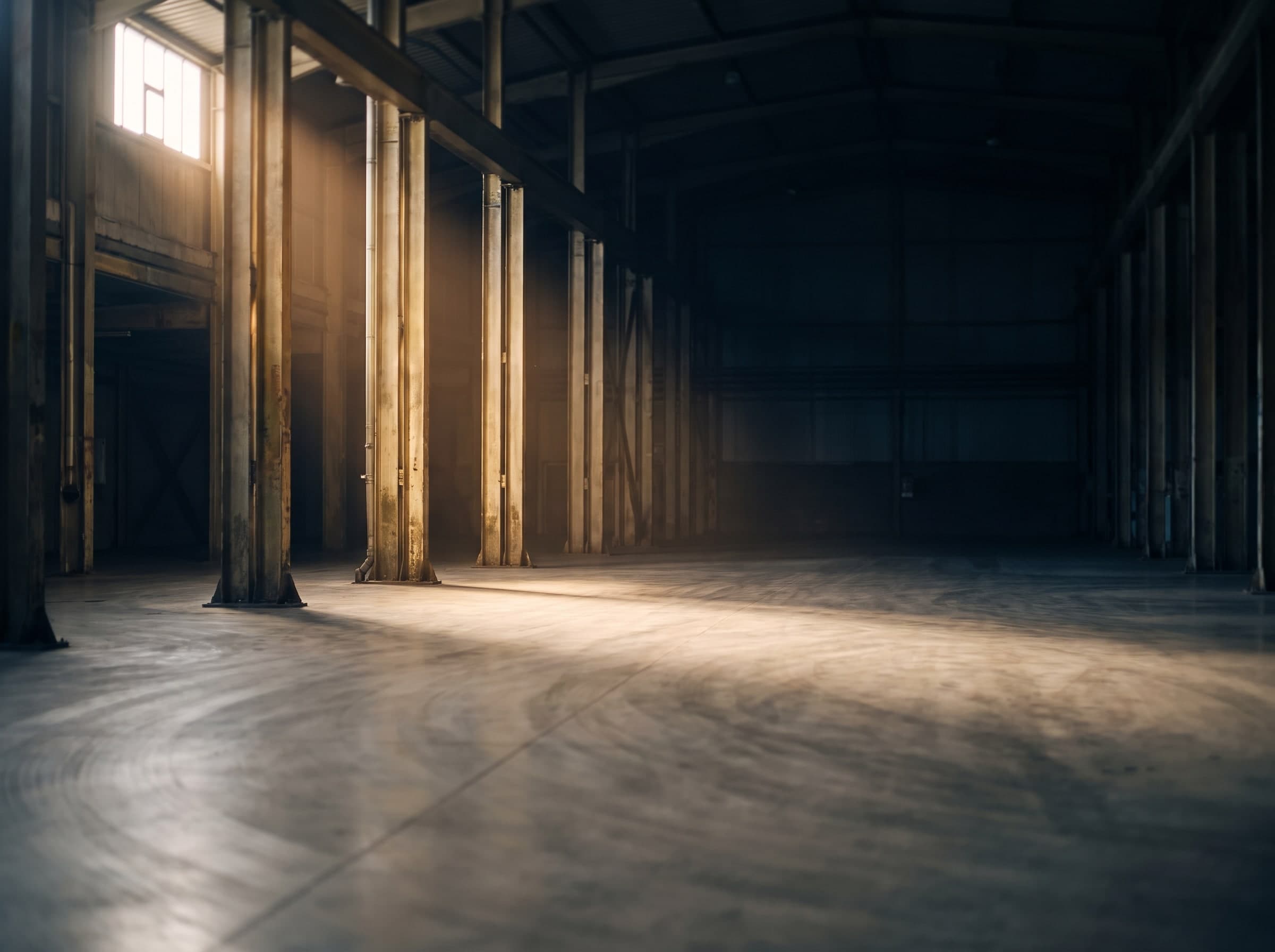 Leere Halle mit Stahlstützen und Betonboden, Licht fällt schräg durch ein hohes Fenster
