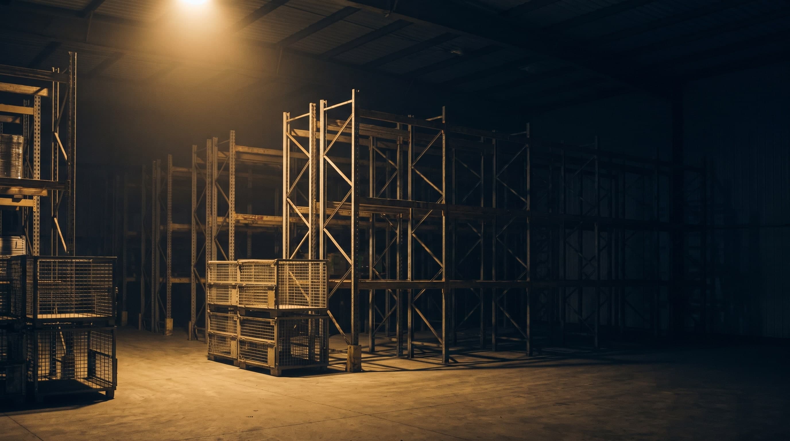 Leere Regalgestelle und Gitterboxen aus Metall in einer dunklen Lagerhalle